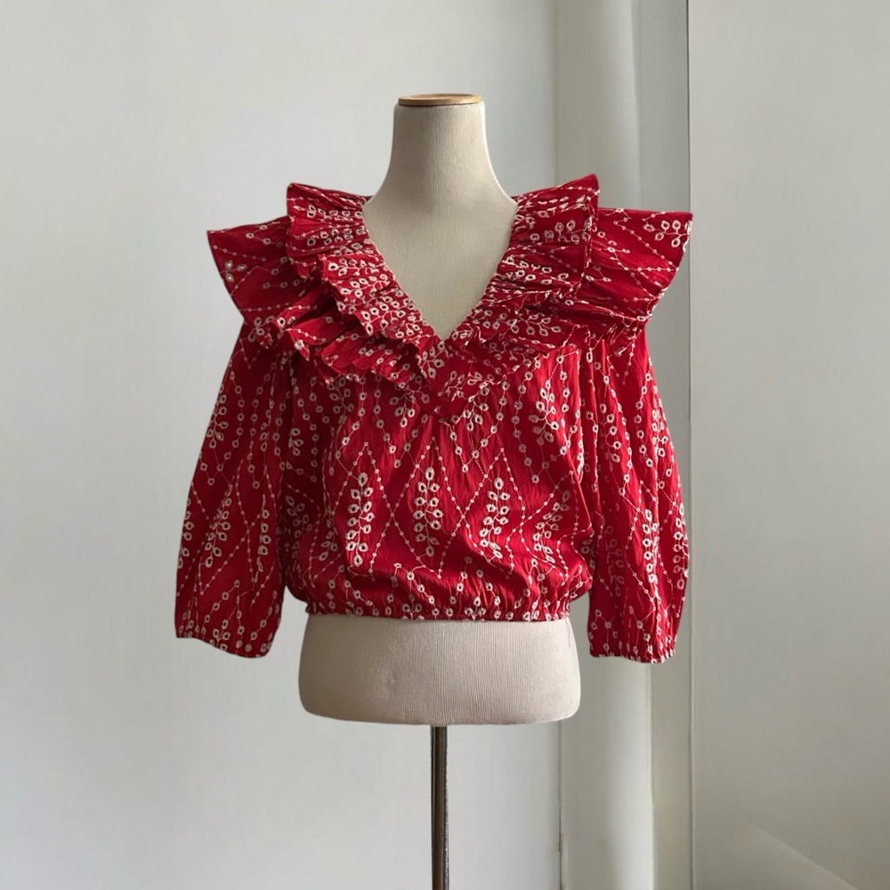Zara Red Eyelet Embroidered Ruffle V-Neck Top